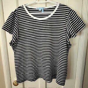 DRAPER JAMES NAVY BLUE & WHITE STRIPED SS T-SHIRT, BOAT NECK, XXL; LIKE NEW